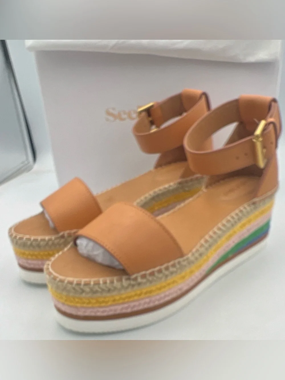 See by Chloé Glyn Tan Leather Espadrille Platform Wedge Sandal EU 40 NEWw/BOX
